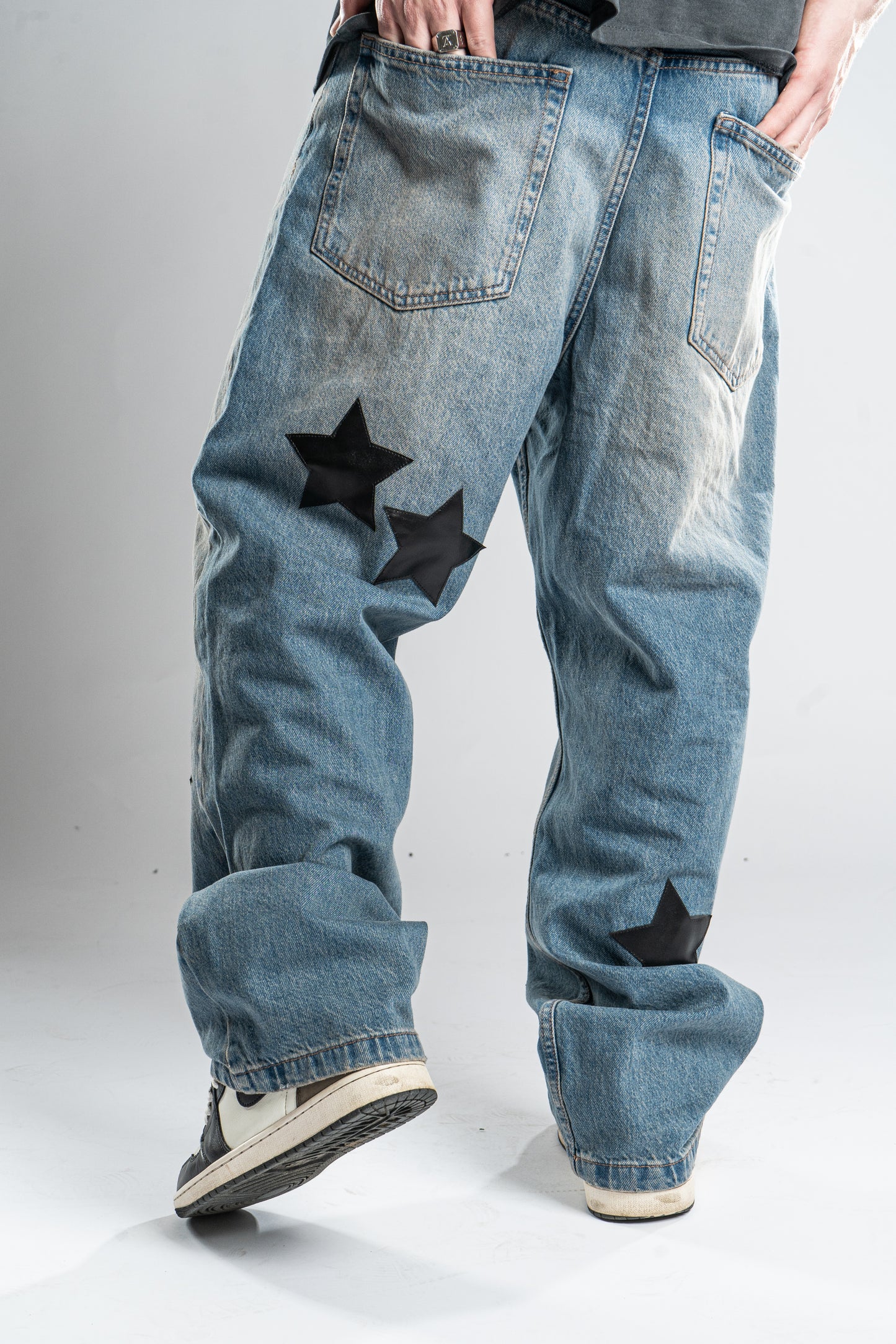 CUSTOM LEATHER STAR JEANS