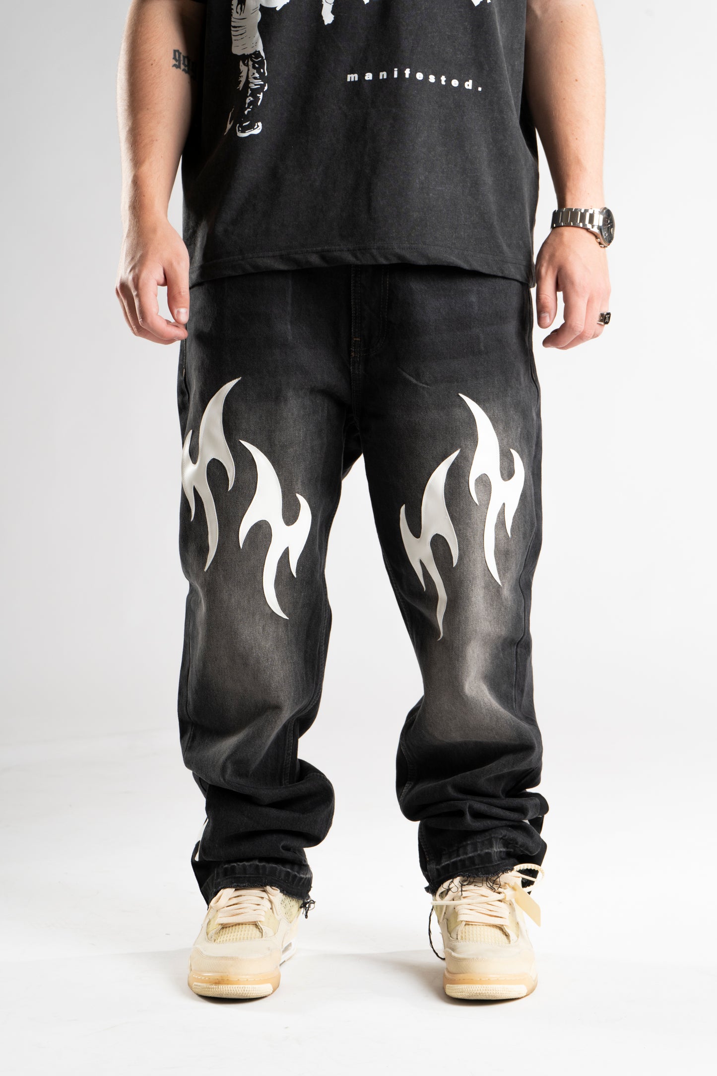 CUSTOM LEATHER TRIBAL FLARED JEANS