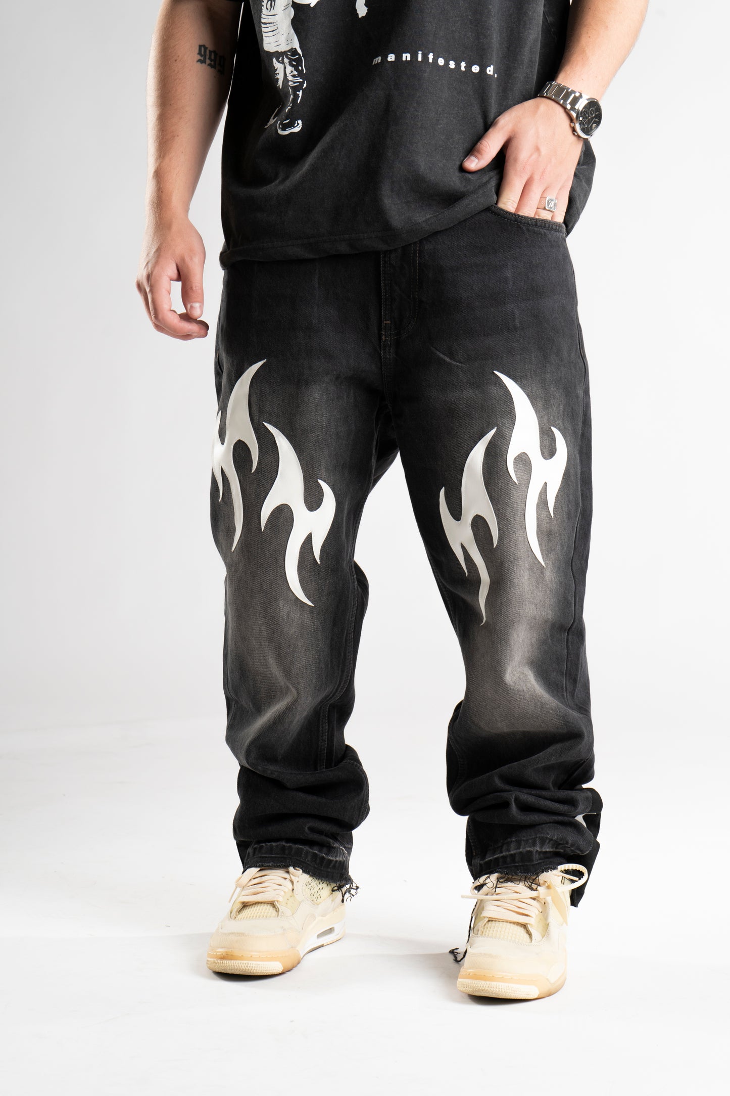 CUSTOM LEATHER TRIBAL FLARED JEANS