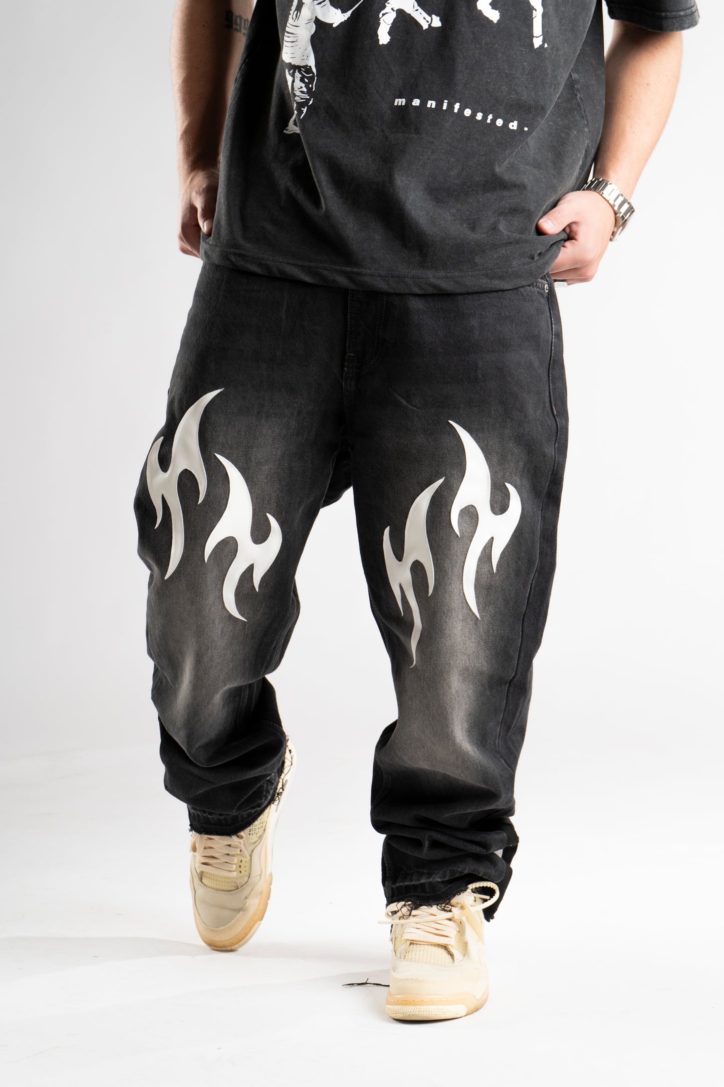 CUSTOM LEATHER TRIBAL FLARED JEANS
