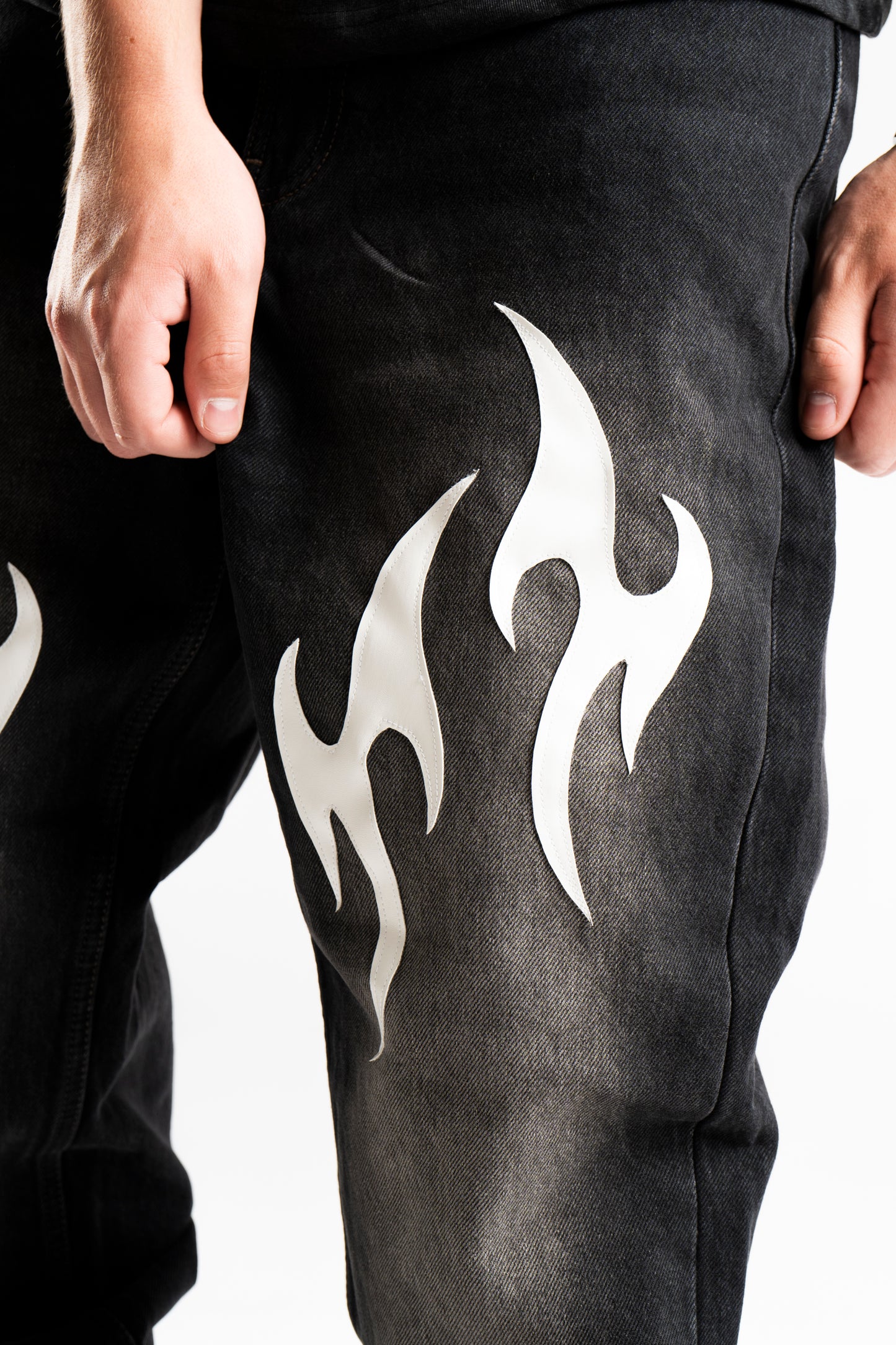 CUSTOM LEATHER TRIBAL FLARED JEANS