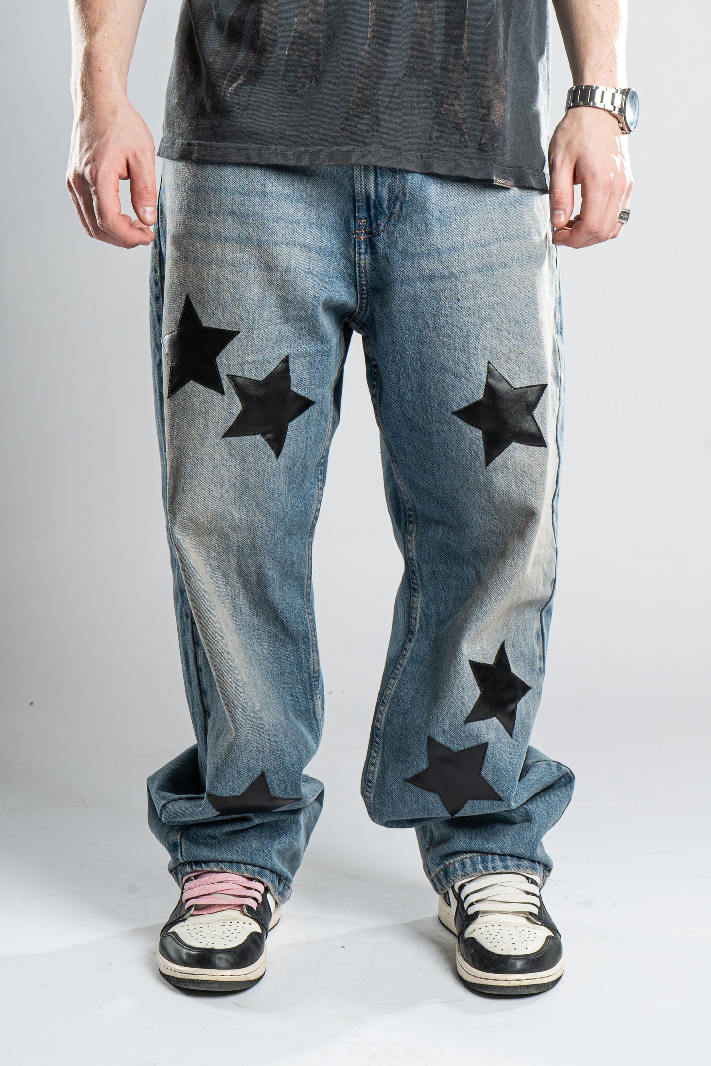 CUSTOM LEATHER STAR JEANS