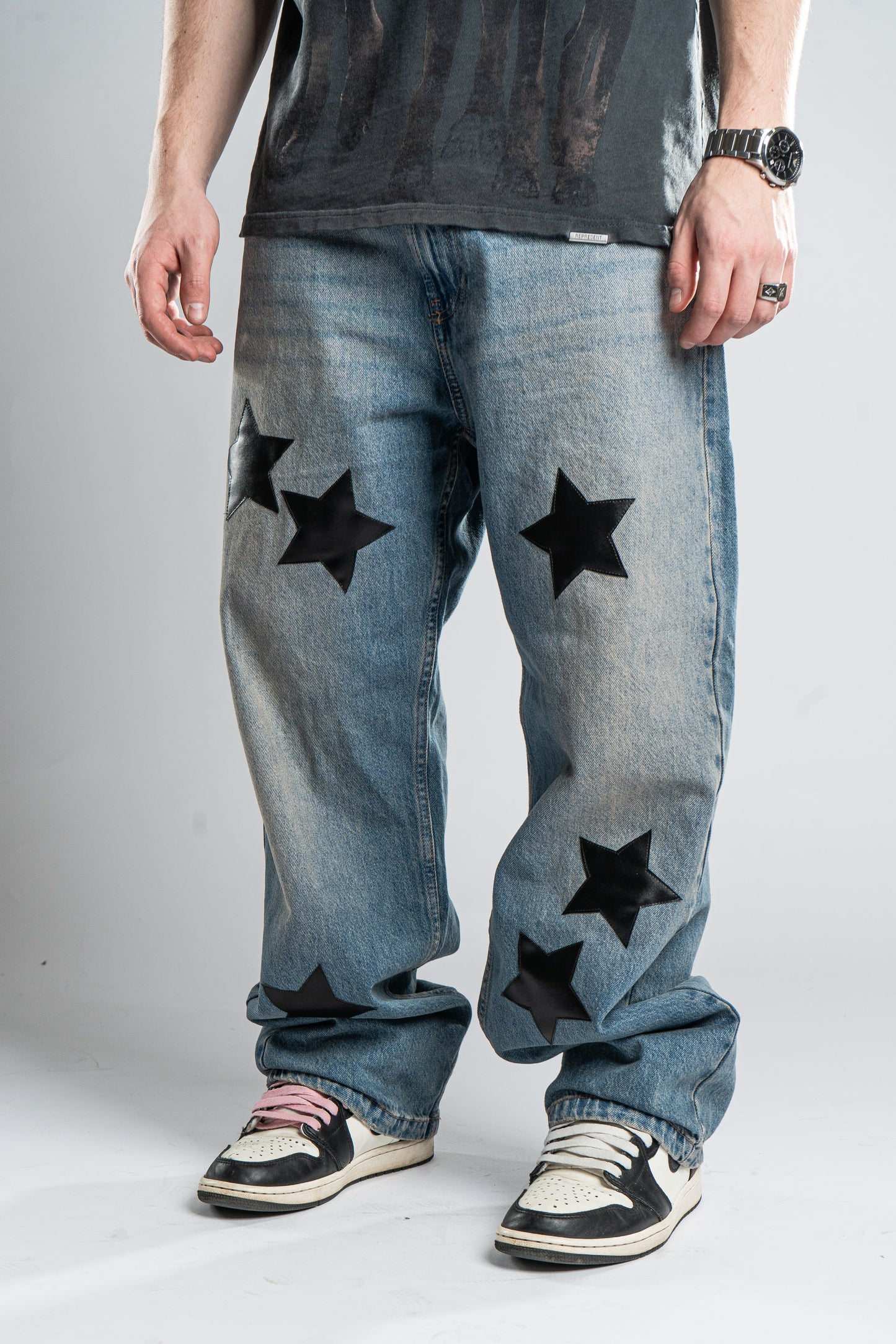 CUSTOM LEATHER STAR JEANS