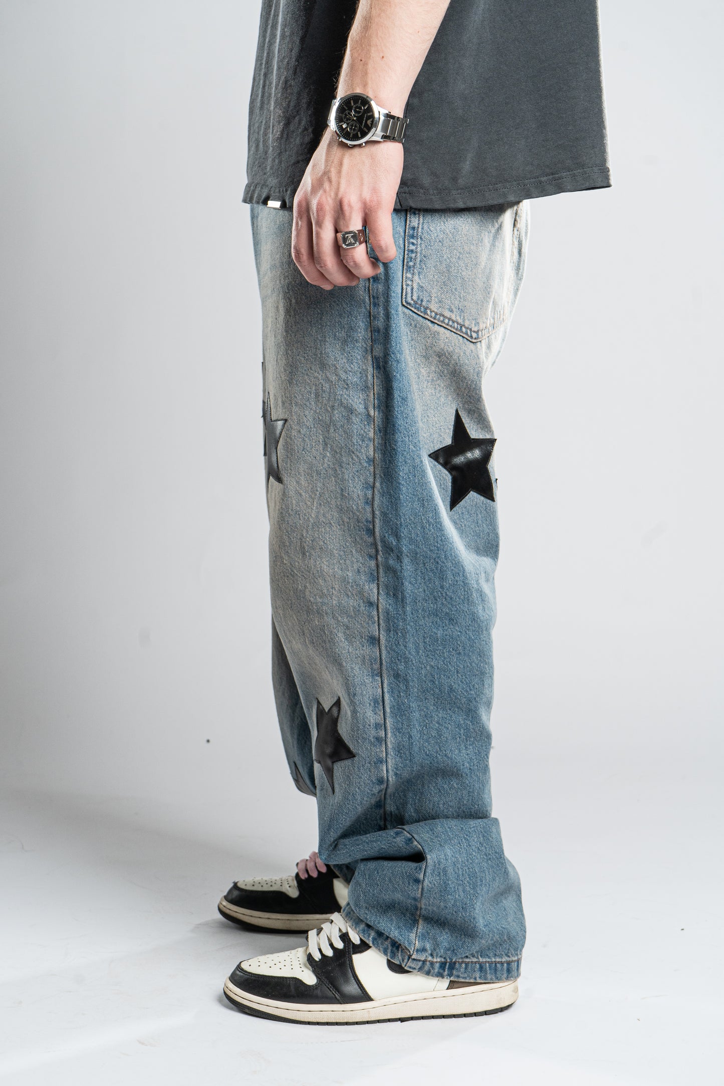 CUSTOM LEATHER STAR JEANS