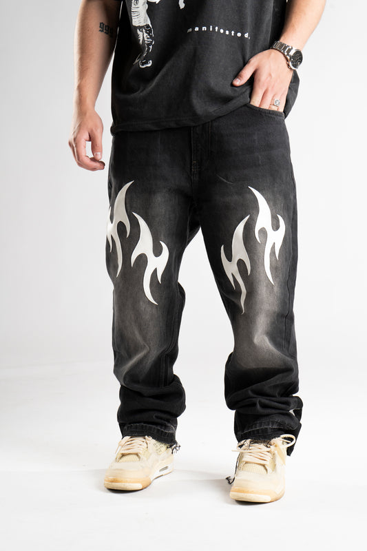 CUSTOM LEATHER TRIBAL FLARED JEANS