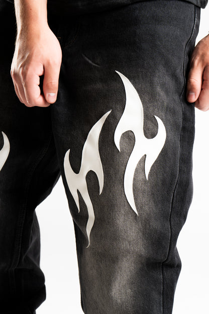 CUSTOM LEATHER TRIBAL FLARED JEANS