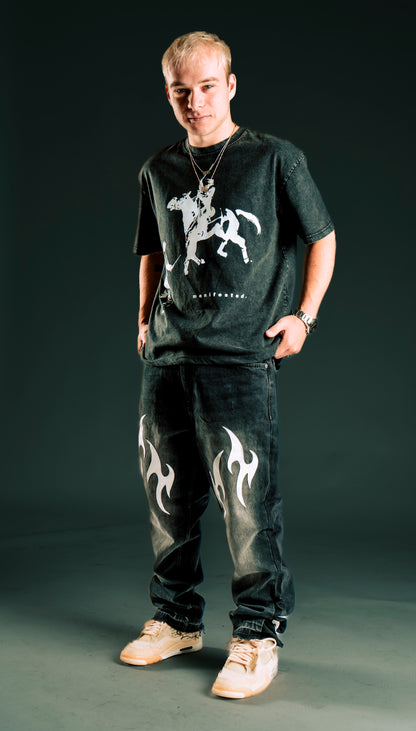 CUSTOM LEATHER TRIBAL FLARED JEANS